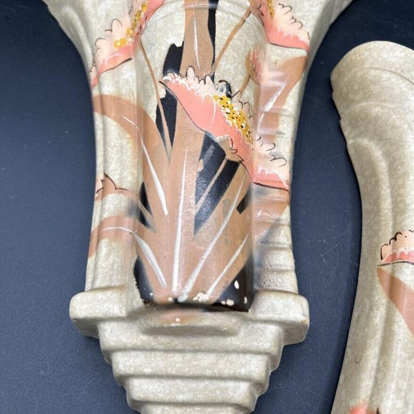 Art Deco Floral Hand Painted Ceramic Wall Pockets by Adrian Pottery England, 2 - Picture 5 of 8